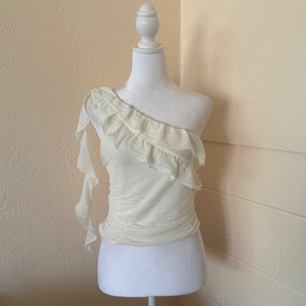 Crystal Sky Women's One Shoulder Ruffle Ruched‎ Mesh Top Cream Size L